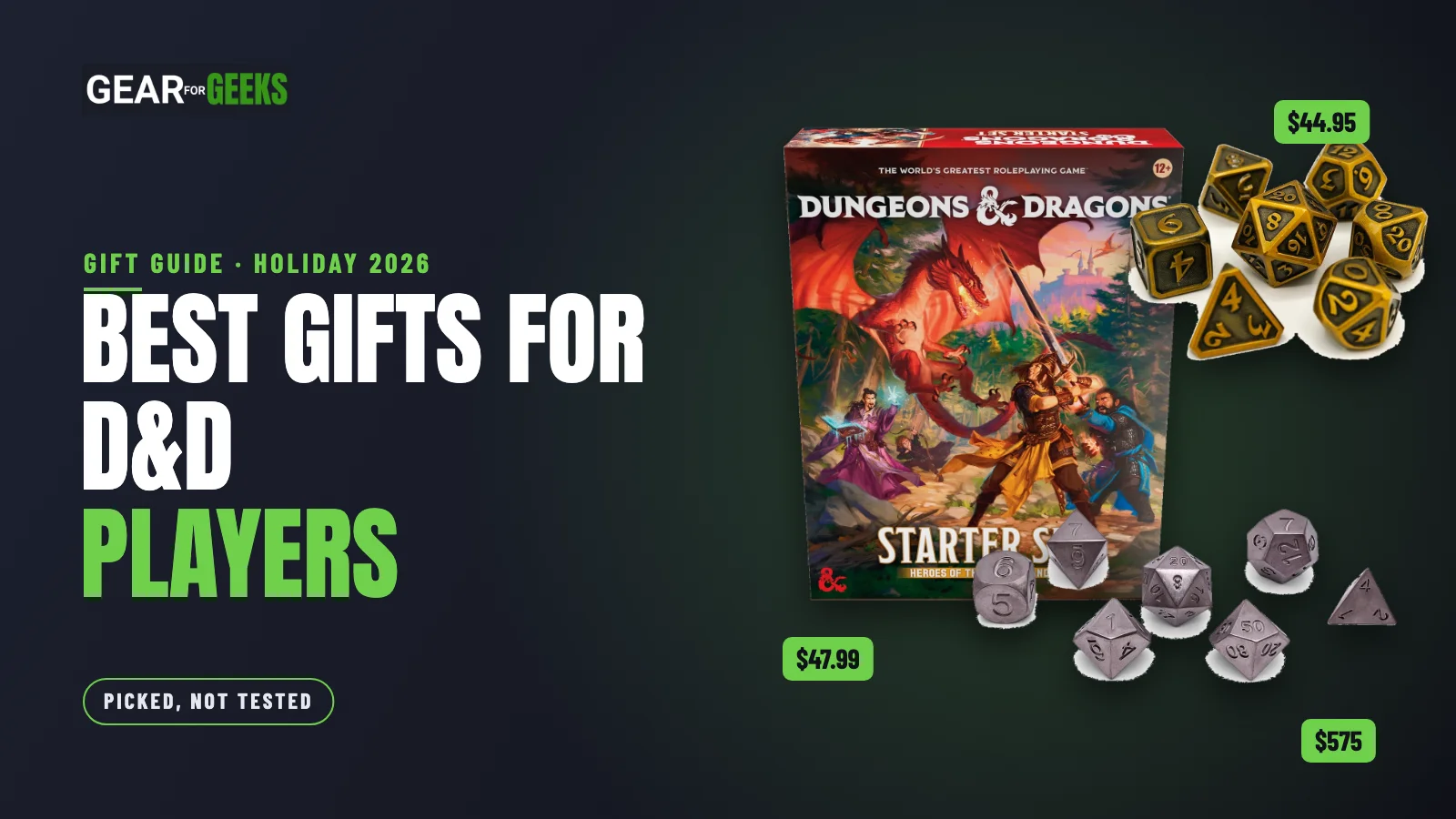 Best gifts for D&D players: a starter set, gold metal dice and a titanium dice set