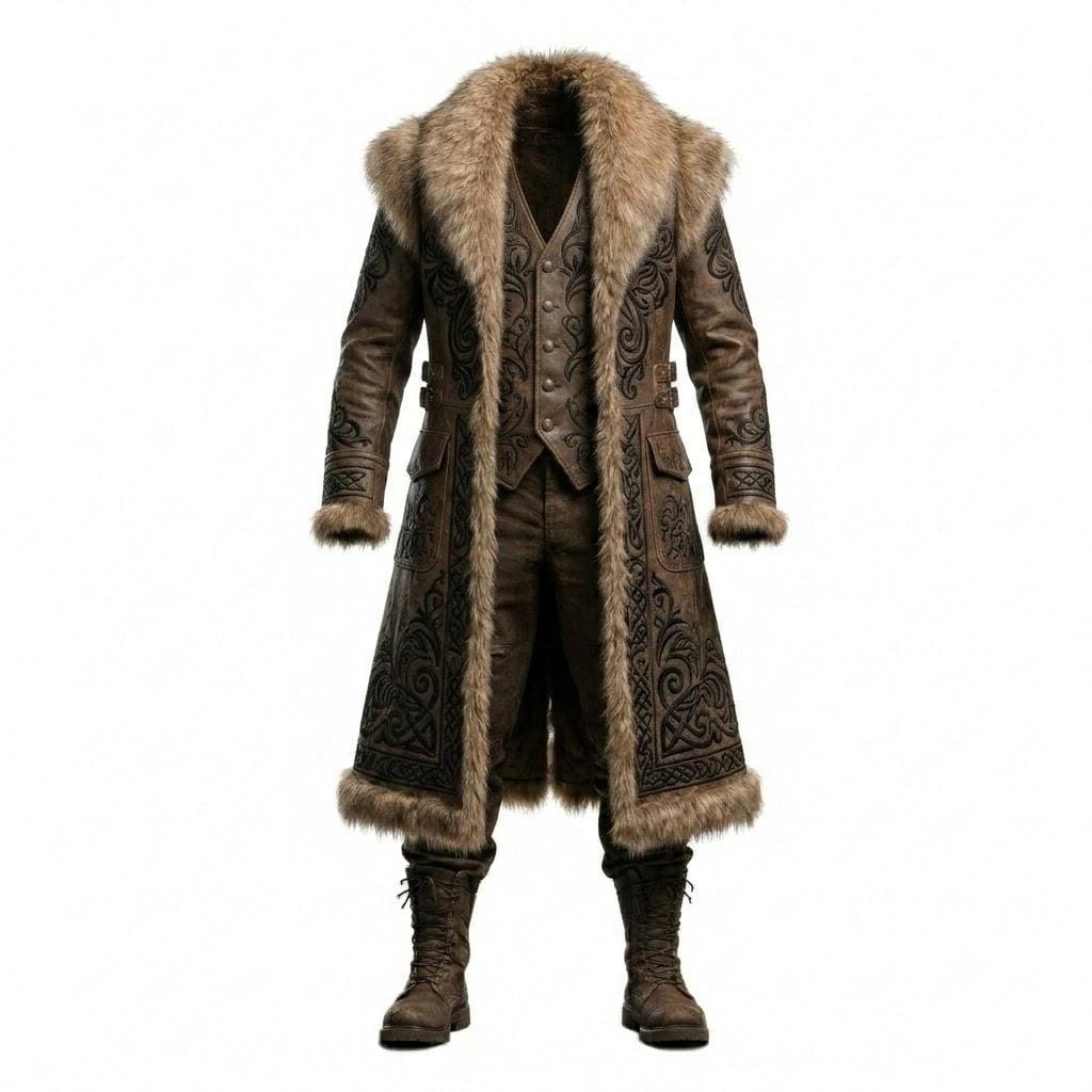 Viking fur-trimmed leather coat
