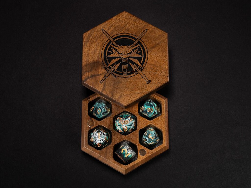 Witcher-themed handmade resin dice set