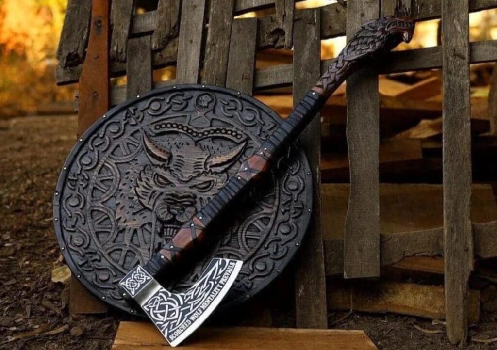 Handmade Viking axe and wolf shield set
