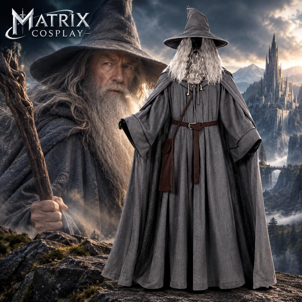 Gandalf the Grey wizard costume: robe, hat, belt and bag