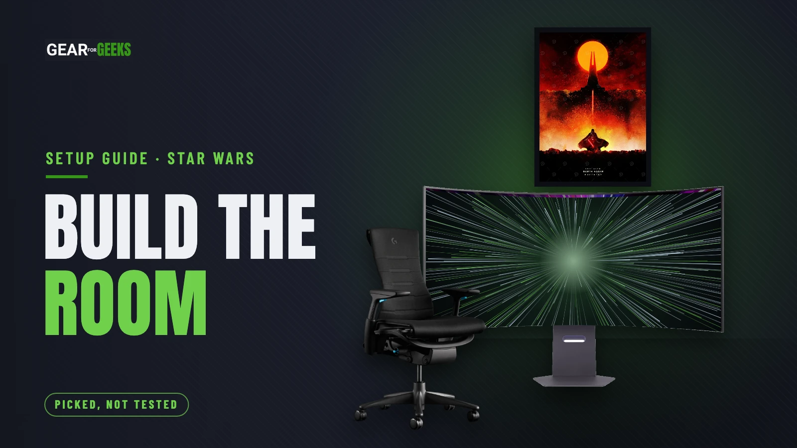 A Star Wars gaming room: Darth Vader metal poster above an ultrawide monitor and a gaming chair