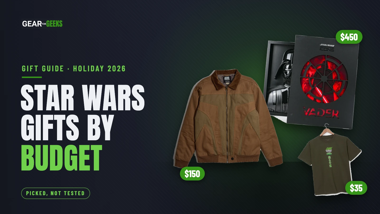 Star Wars gifts by budget: a Mandalorian bomber jacket, the Vader Bas Relief book and a Grogu and Mando tee with their prices